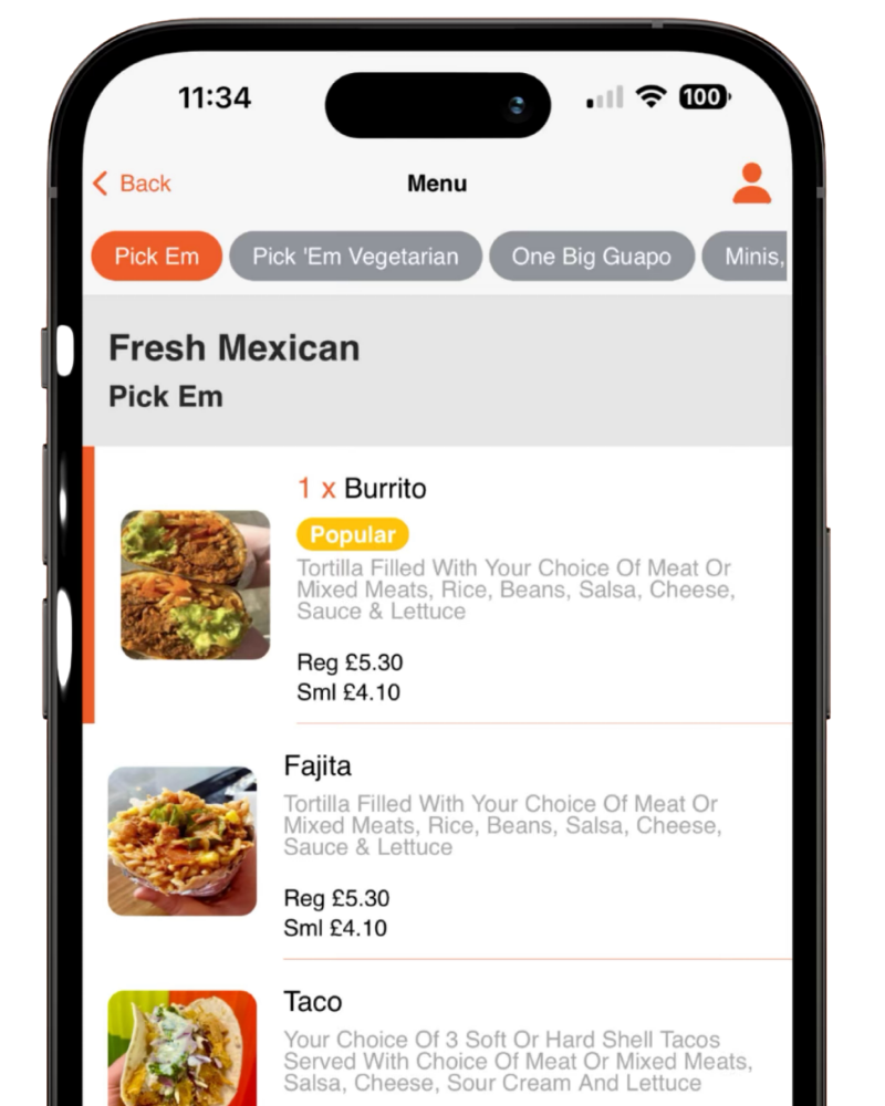 Guapo app menu screen showing burrito, fajita, taco and burrito box ordering options